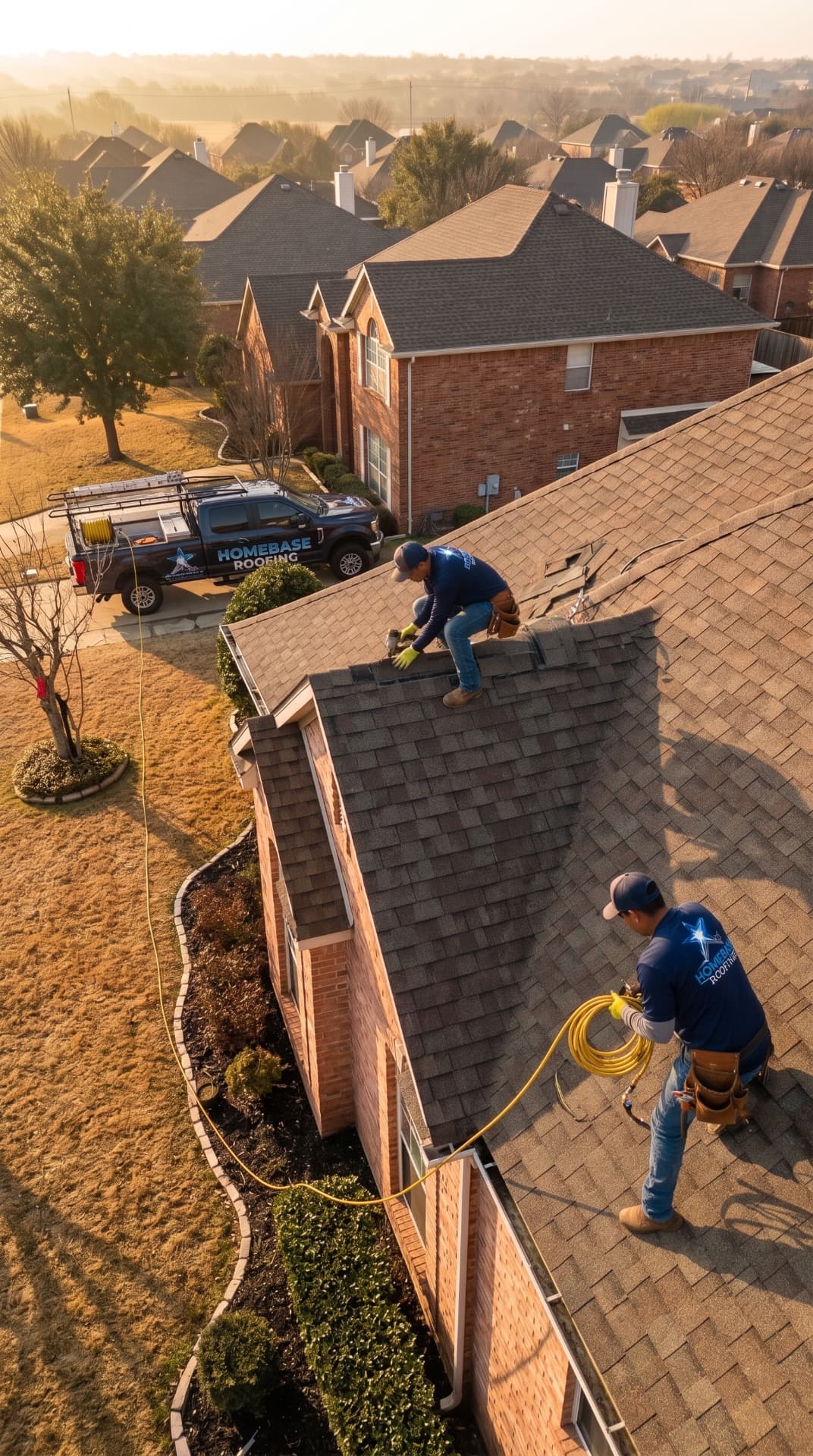 Aerial view of two Homebase Roofing crew members working a shingle ridge at sunrise on a North Dallas area two-story brick home, with the branded company truck parked in the driveway