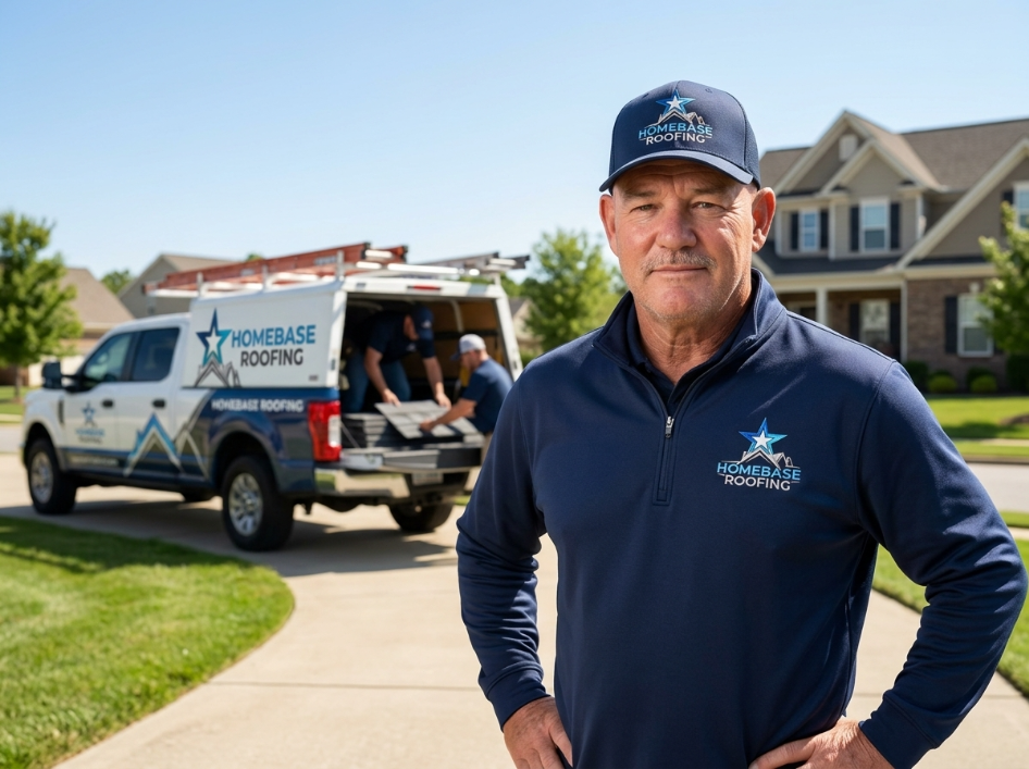 Curtis Dunn, owner of Homebase Roofing, standing in a driveway in front of a branded Homebase Roofing truck while his crew loads shingles