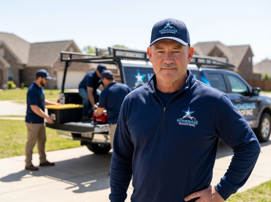 Curtis Dunn, owner of Homebase Roofing, standing at a driveway while his crew unloads tools from the branded truck