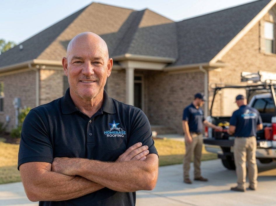 Curtis Dunn, owner of Homebase Roofing, arms crossed in a Homebase Roofing polo in front of a brick home with two crew members at the truck behind him