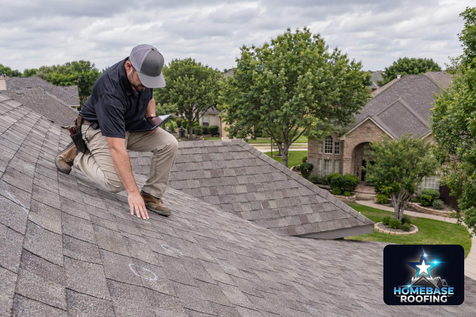 Roofing professional inspecting hail impacts on an asphalt shingle roof in a Plano neighborhood, with mature trees, brick homes, and overcast spring skies