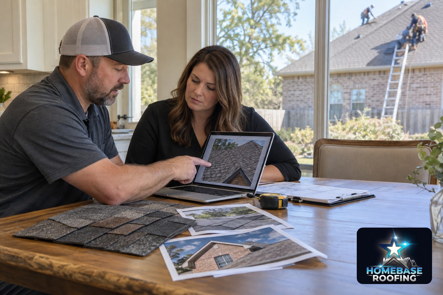 Plano homeowner and roofing contractor reviewing roof photographs, shingle samples, and project measurements at a kitchen table in natural afternoon light