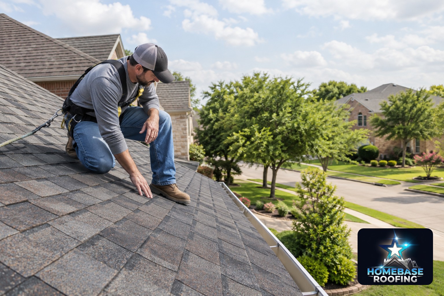 Roofing crew member inspecting dark architectural shingles for hail bruising on a Plano home after a spring storm, with gutters and leafy suburban yards visible