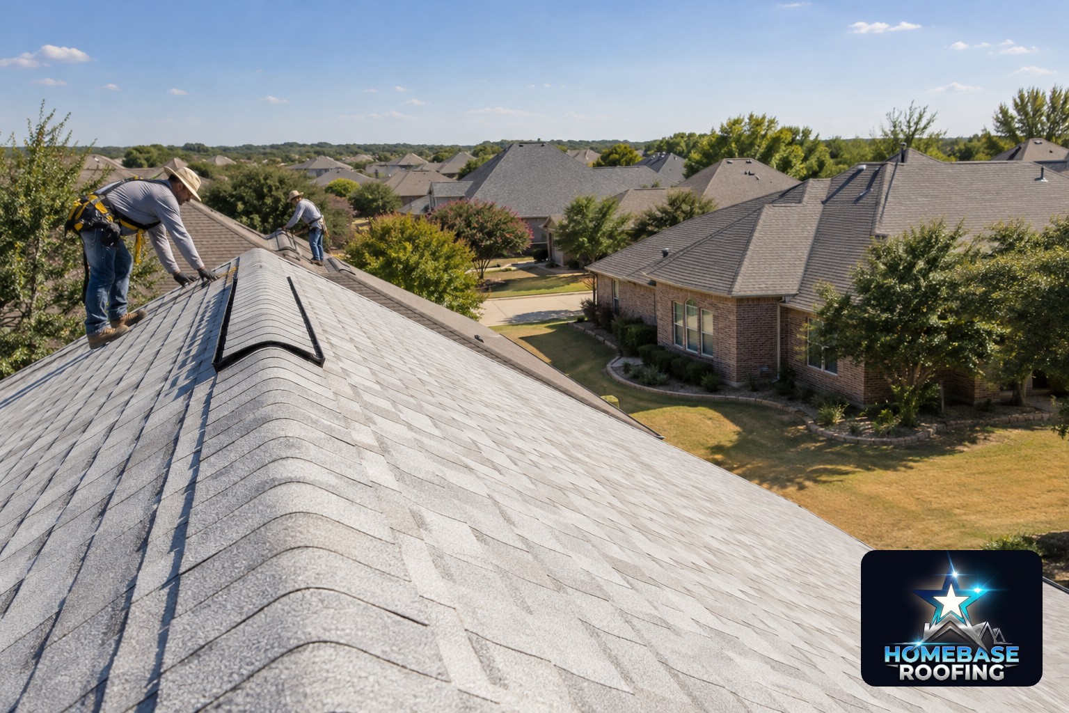 Light-colored reflective architectural shingles on a west-facing Plano roof during a bright summer afternoon, with ridge vents, brick homes, and dry North Texas landscaping visible