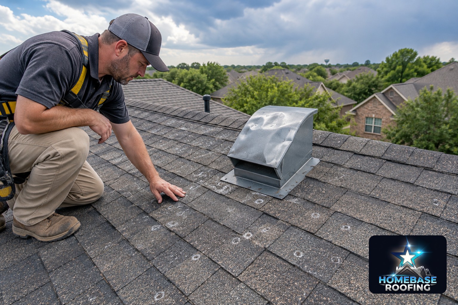 Roofing inspector examining hail marks and granule loss on dark asphalt shingles beside a dented metal roof vent on a Plano home after a spring storm