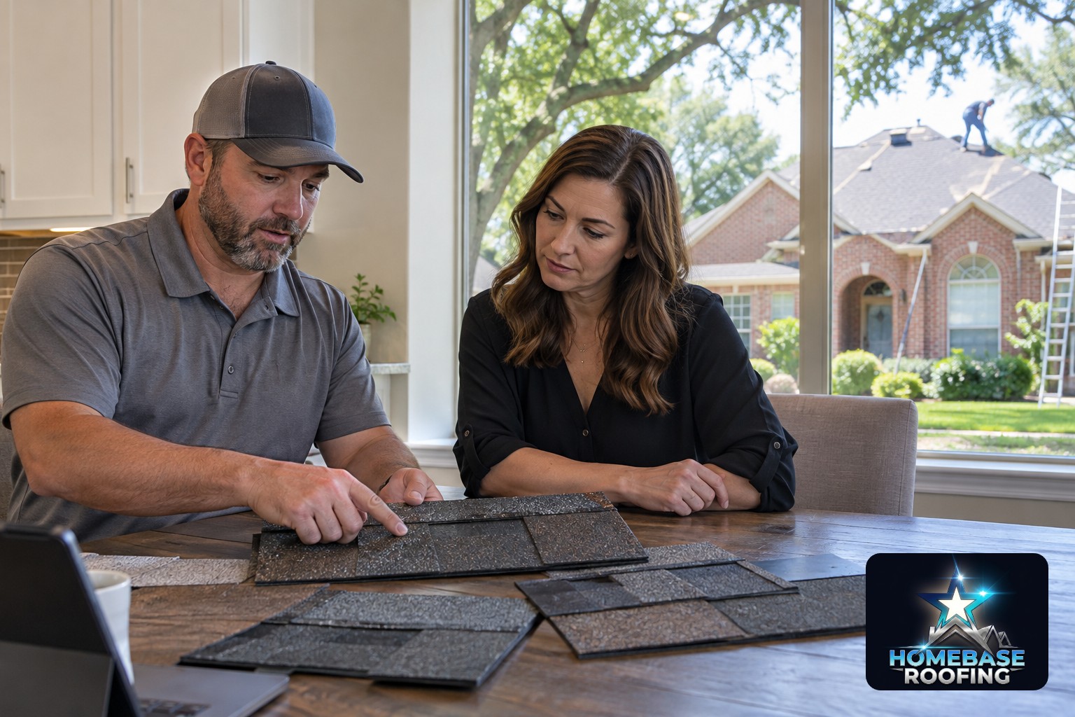 Experienced roofer and homeowner reviewing shingle samples at a kitchen table in a Plano home while an inspected brick house and mature neighborhood trees are visible through the window