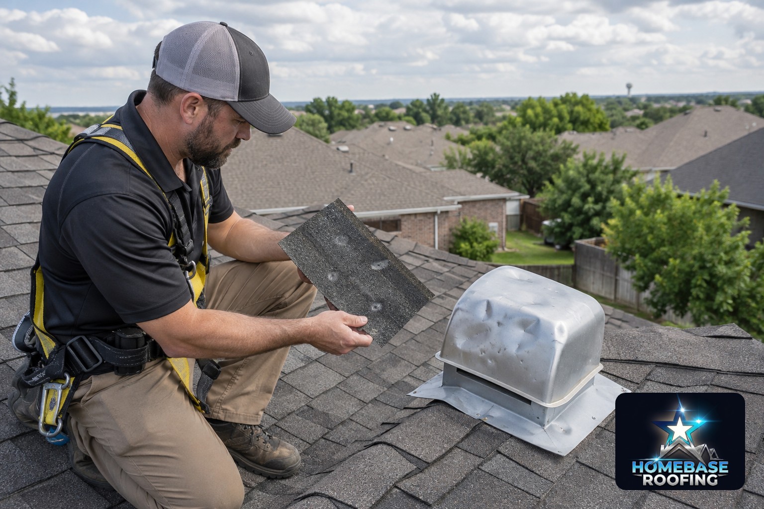Roofing professional examining a dark asphalt shingle for hail bruising beside a dented metal roof vent on a North Texas home