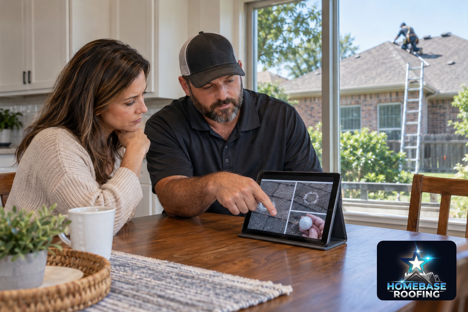 Homeowner and local roofer reviewing hail inspection photos on a tablet at a kitchen table in a Plano home after a spring storm