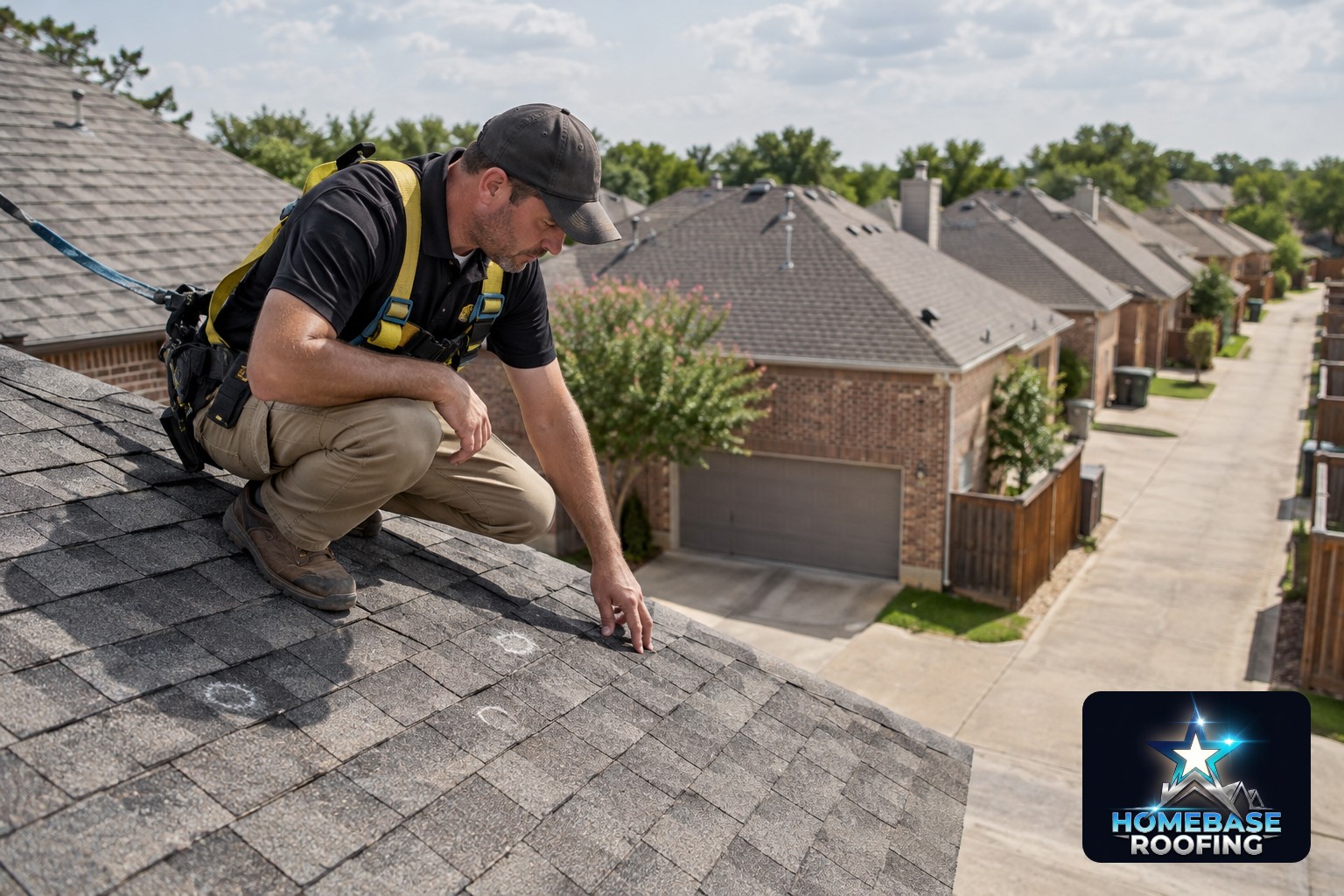 Roofing professional examining hail bruising and displaced granules on asphalt shingles above an alley-access Plano home after a spring thunderstorm