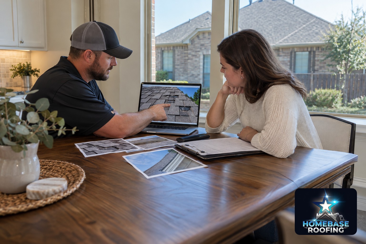 Homeowner and roofer reviewing roof inspection photographs and an insurance scope at a kitchen table in a Plano brick home