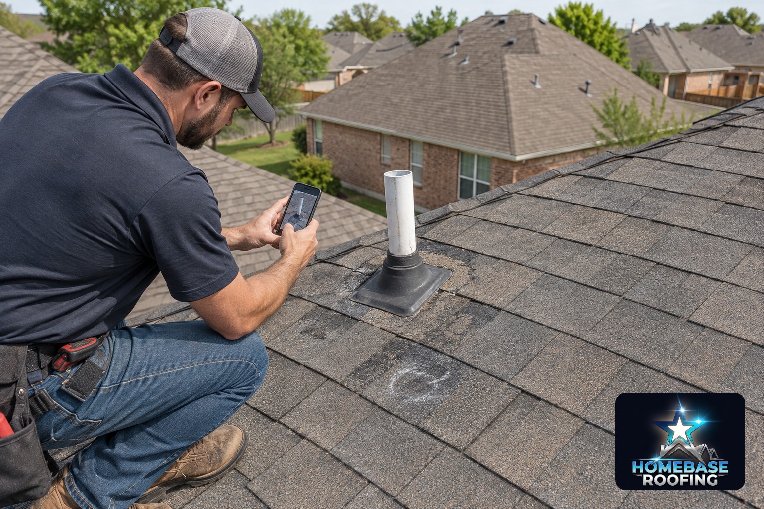 Roofing contractor kneeling beside a hail-marked asphalt shingle roof in Irving, Texas, photographing a pipe boot and nearby granule loss after a spring storm