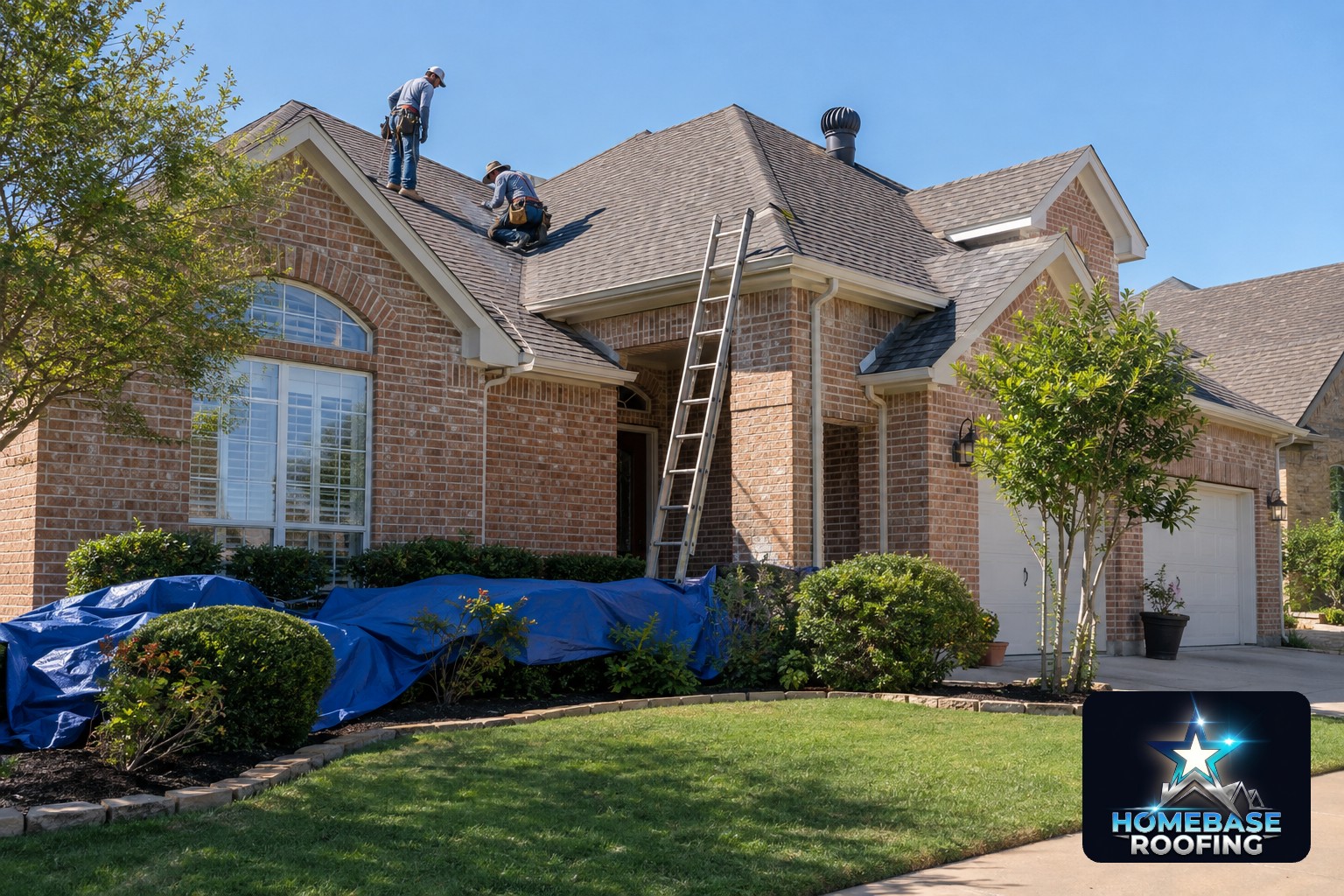 Roofing crew inspecting valley flashing and attic ventilation on a brick Arlington home during a clear North Texas summer morning, with protective coverings over the landscaping