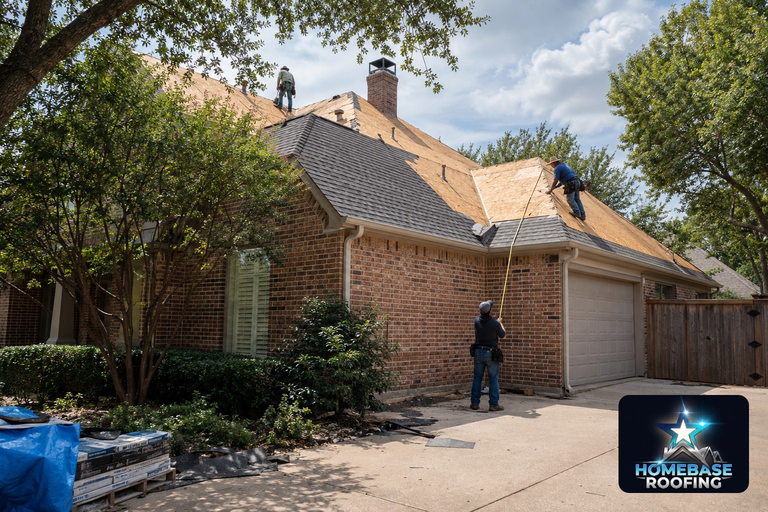 Roofing crew measuring an older brick home in Plano with an alley-facing garage, mature trees and exposed roof decking during a metal roof replacement
