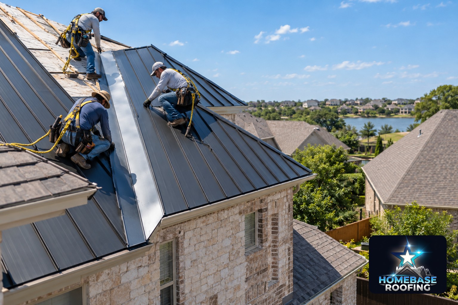 Standing seam metal roof panels and custom valley flashing being installed on a two-story Frisco home under bright summer sun, with workers using proper roof safety equipment