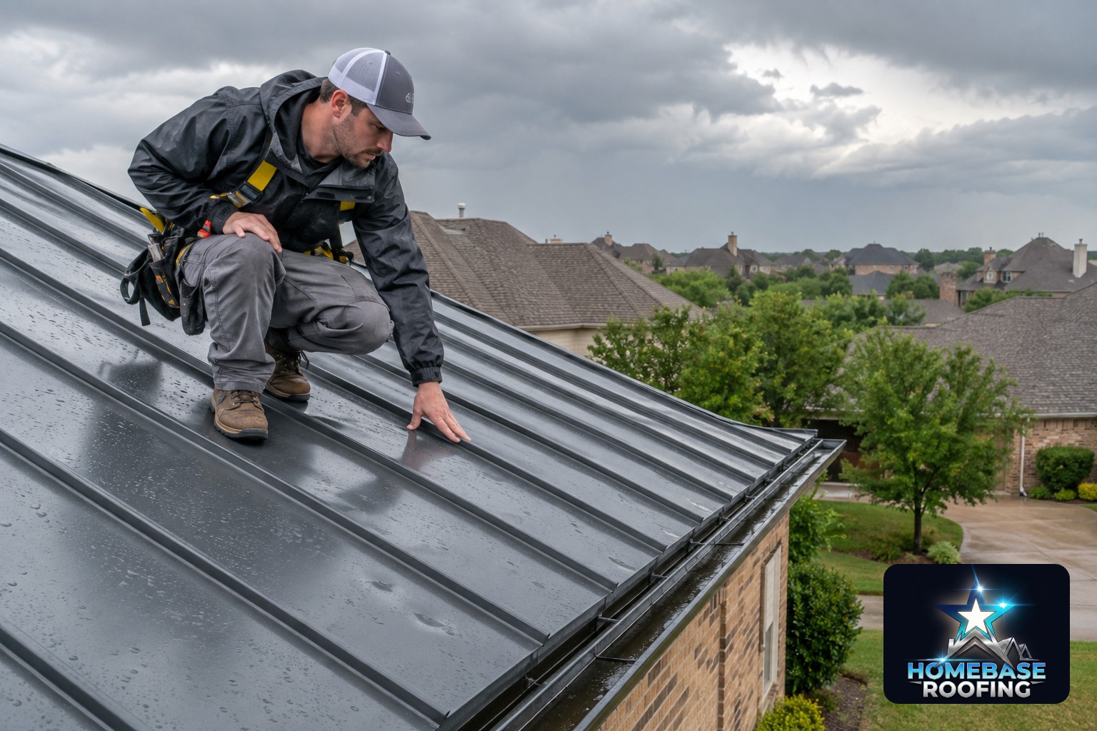 Roofer inspecting shallow hail dents and raised seams on a standing-seam metal roof after a spring storm in Plano, with wet gutters and overcast North Texas skies