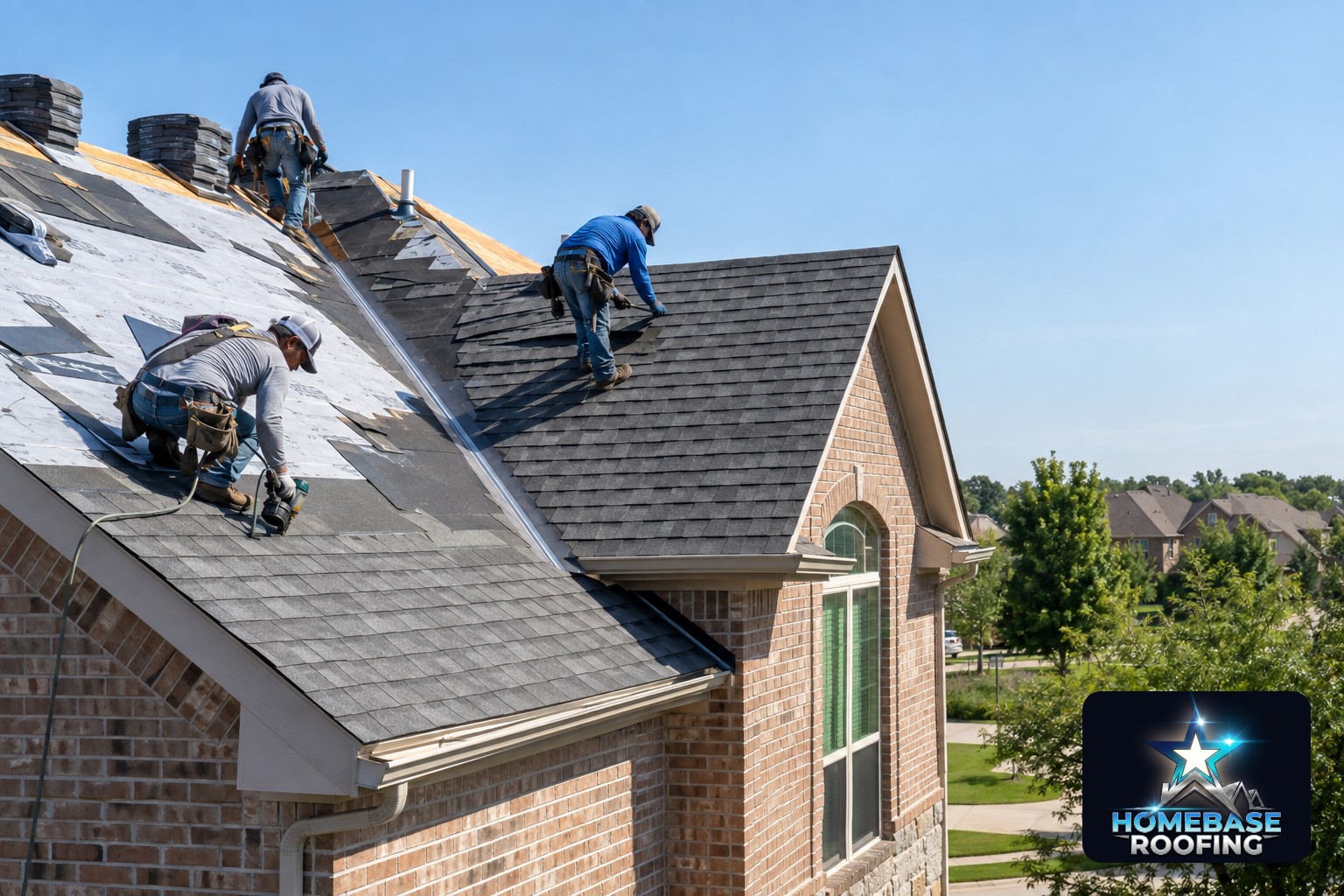 Roofing crew installing gray architectural shingles with underlayment and valley flashing visible on a two-story Plano home during a clear North Texas morning