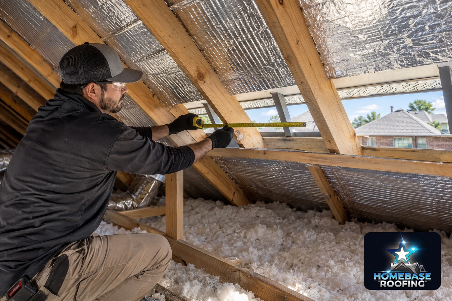 Roofing professional inside a Plano attic measuring vent openings near radiant barrier roof decking, with clean insulation and daylight visible through unobstructed soffit vents