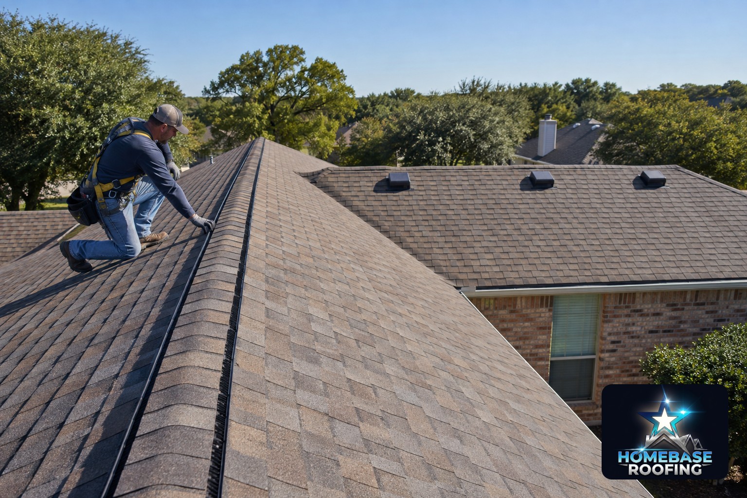 North Texas roofer comparing a continuous ridge vent with evenly spaced box vents across two connected roof sections on a 1980s Plano brick home