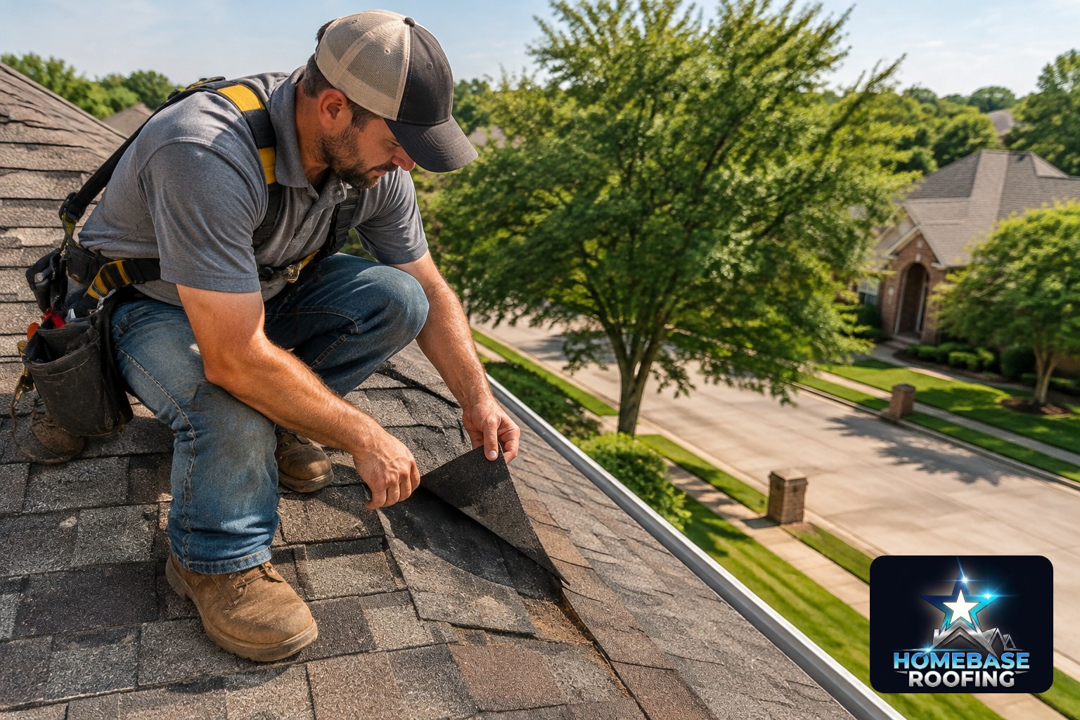 Roofing professional lifting a hail-bruised asphalt shingle during a close inspection on a Plano home, with a gutter and leafy suburban street visible below