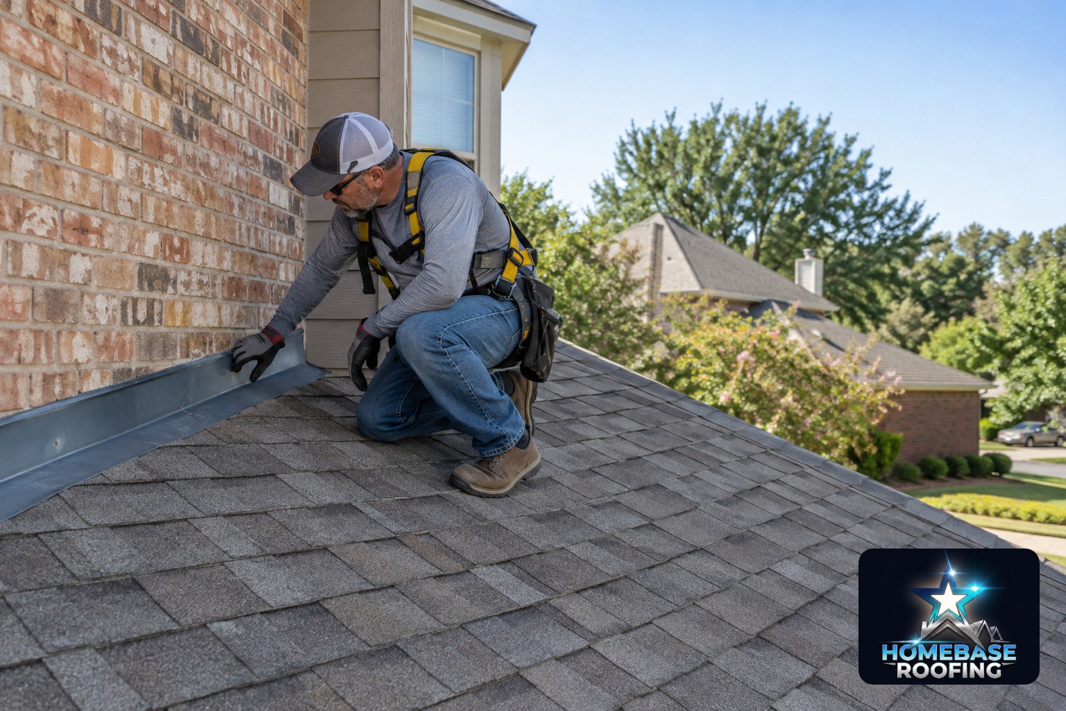 Roofing professional checking flashing where an asphalt-shingle roof meets brick siding on a 1980s Plano home during a bright North Texas summer morning