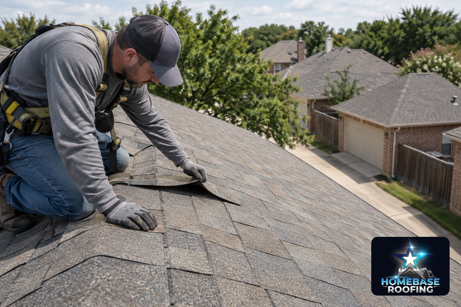 Roofing professional carefully lifting the edge of a creased asphalt shingle during an inspection on a two-story Plano home, with alley-access garages and leafy North Texas trees visible behind the roof