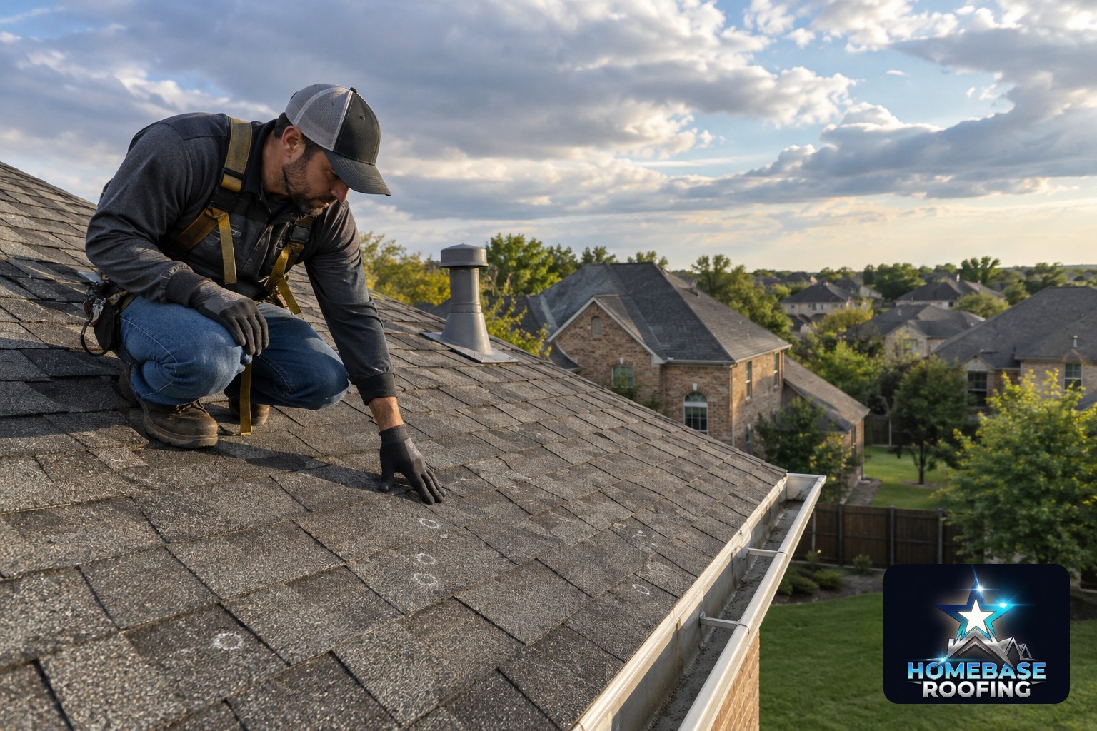 Roofer examining hail marks and granule loss on dark asphalt shingles after a spring storm in Plano, with a gutter edge, roof vent, and neighboring brick homes visible under clearing clouds